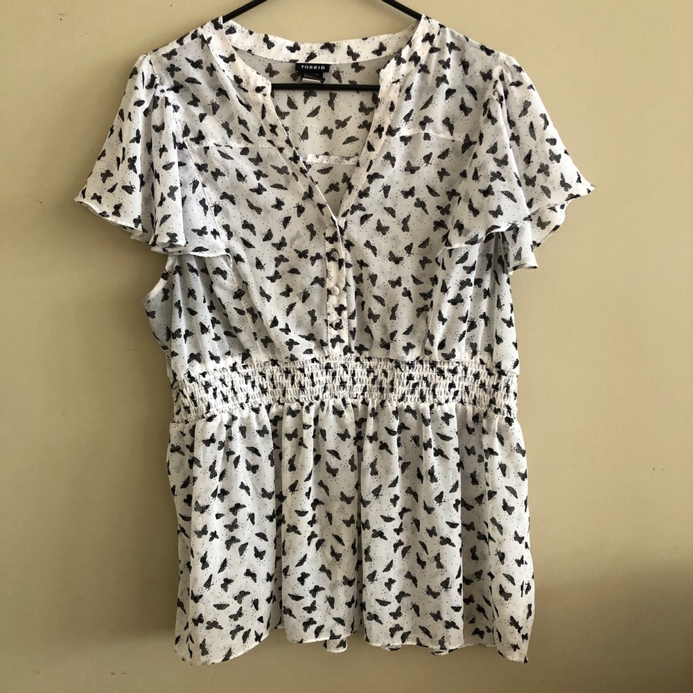 White Butterfly Sheer Torrid Blouse Flutter Sleeve Peplum Sinched Waist Top